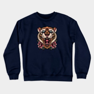 Retro Tiger Head Illustration with Roses Crewneck Sweatshirt